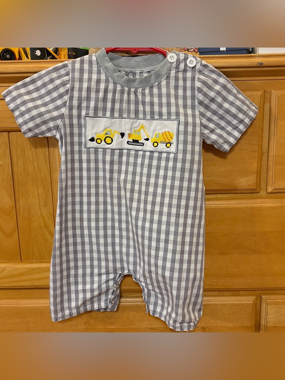 Gray and White Checked Romper with Construction Embroidered Vehicles Size 12-18M